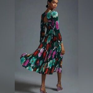 Maeve Anthropologie Floral Pleated V-Neck Midi Dress Size 0 (Read Description)